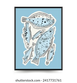 Underwater world, ocean, sea, fish and shells vertical flyer or poster template. Modern trendy Matisse minimal style. Hand drawn design for wall decor, print, postcard, cover, template, ban
