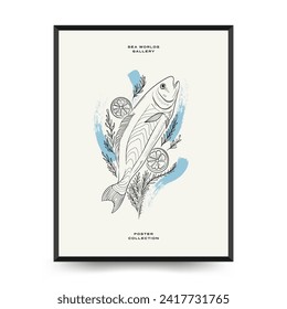 Underwater world, ocean, sea, fish and shells vertical flyer or poster template. Modern trendy Matisse minimal style. Hand drawn design for wall decor, print, postcard, cover, template, ban