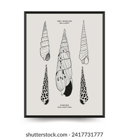 Underwater world, ocean, sea, fish and shells vertical flyer or poster template. Modern trendy Matisse minimal style. Hand drawn design for wall decor, print, postcard, cover, template, ban