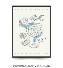 Underwater world, ocean, sea, fish and shells vertical flyer or poster template. Modern trendy Matisse minimal style. Hand drawn design for wall decor, print, postcard, cover, template, ban