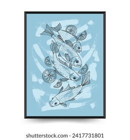 Underwater world, ocean, sea, fish and shells vertical flyer or poster template. Modern trendy Matisse minimal style. Hand drawn design for wall decor, print, postcard, cover, template, ban