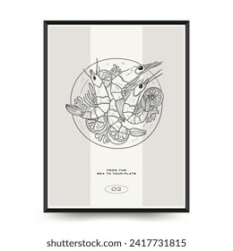 Underwater world, ocean, sea, fish and shells vertical flyer or poster template. Modern trendy Matisse minimal style. Hand drawn design for wall decor, print, postcard, cover, template, ban