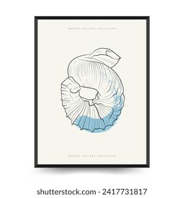Underwater world, ocean, sea, fish and shells vertical flyer or poster template. Modern trendy Matisse minimal style. Hand drawn design for wall decor, print, postcard, cover, template, ban