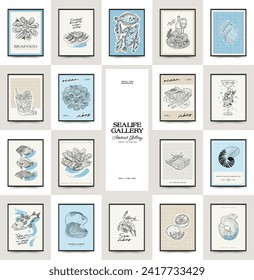 Underwater world, ocean, sea, fish and shells vertical flyer or poster template. Modern trendy Matisse minimal style. Hand drawn design for wall decor, print, postcard, cover, template, banner.