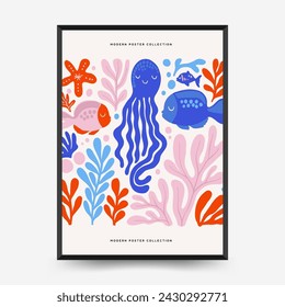 Underwater world, ocean, sea, fish and shells vertical flyer or poster template. Modern trendy Matisse minimal style.