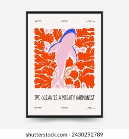 Underwater world, ocean, sea, fish and shells vertical flyer or poster template. Modern trendy Matisse minimal style.