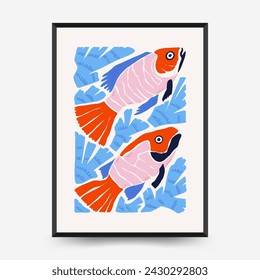 Underwater world, ocean, sea, fish and shells vertical flyer or poster template. Modern trendy Matisse minimal style.