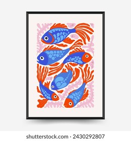 Underwater world, ocean, sea, fish and shells vertical flyer or poster template. Modern trendy Matisse minimal style.