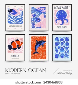 Underwater world, ocean, sea, fish and shells vertical flyer or poster template. Modern trendy Matisse minimal style.