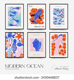 Underwater world, ocean, sea, fish and shells vertical flyer or poster template. Modern trendy Matisse minimal style.