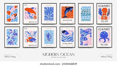 Underwater world, ocean, sea, fish and shells vertical flyer or poster template. Modern trendy Matisse minimal style.