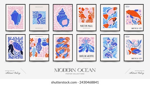 Mundo submarino, océano, mar, peces y conchas volante vertical o plantilla de póster. Moderno estilo minimalista Matisse de moda.