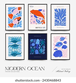 Underwater world, ocean, sea, fish and shells vertical flyer or poster template. Modern trendy Matisse minimal style.