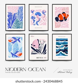 Mundo submarino, océano, mar, peces y conchas volante vertical o plantilla de póster. Moderno estilo minimalista Matisse de moda.