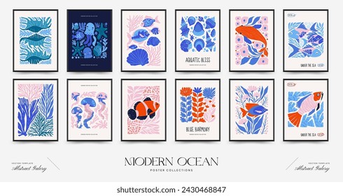 Underwater world, ocean, sea, fish and shells vertical flyer or poster template. Modern trendy Matisse minimal style.