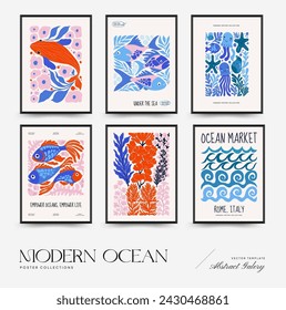 Underwater world, ocean, sea, fish and shells vertical flyer or poster template. Modern trendy Matisse minimal style.