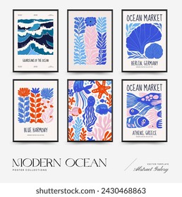 Underwater world, ocean, sea, fish and shells vertical flyer or poster template. Modern trendy Matisse minimal style.