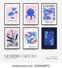 Underwater world, ocean, sea, fish and shells vertical flyer or poster template. Modern trendy Matisse minimal style.