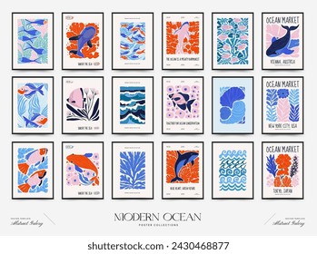 Underwater world, ocean, sea, fish and shells vertical flyer or poster template. Modern trendy Matisse minimal style.