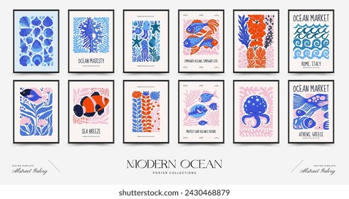 Mundo submarino, océano, mar, peces y conchas volante vertical o plantilla de póster. Moderno estilo minimalista Matisse de moda.