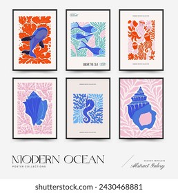 Underwater world, ocean, sea, fish and shells vertical flyer or poster template. Modern trendy Matisse minimal style.