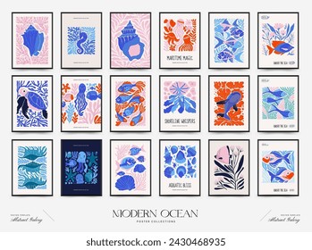 Underwater world, ocean, sea, fish and shells vertical flyer or poster template. Modern trendy Matisse minimal style.