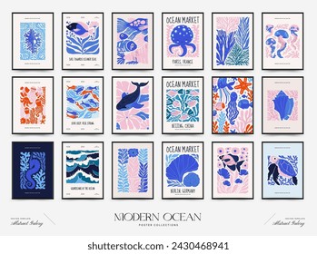 Underwater world, ocean, sea, fish and shells vertical flyer or poster template. Modern trendy Matisse minimal style.