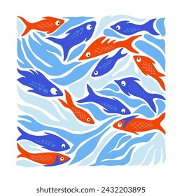 Underwater world, ocean, sea, fish and shells vertical flyer or poster template. Modern trendy Matisse minimal style.
