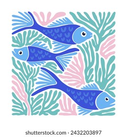 Mundo submarino, océano, mar, peces y conchas volante vertical o plantilla de póster. Moderno estilo minimalista Matisse de moda.