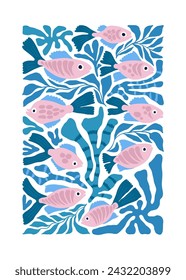 Underwater world, ocean, sea, fish and shells vertical flyer or poster template. Modern trendy Matisse minimal style.