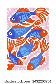 Underwater world, ocean, sea, fish and shells vertical flyer or poster template. Modern trendy Matisse minimal style.