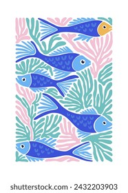 Underwater world, ocean, sea, fish and shells vertical flyer or poster template. Modern trendy Matisse minimal style.