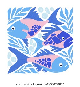 Underwater world, ocean, sea, fish and shells vertical flyer or poster template. Modern trendy Matisse minimal style.