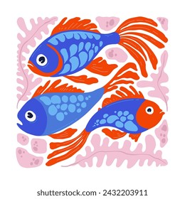 Underwater world, ocean, sea, fish and shells vertical flyer or poster template. Modern trendy Matisse minimal style.