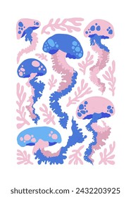 Underwater world, ocean, sea, fish and shells vertical flyer or poster template. Modern trendy Matisse minimal style.