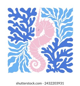 Underwater world, ocean, sea, fish and shells vertical flyer or poster template. Modern trendy Matisse minimal style.