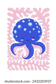 Underwater world, ocean, sea, fish and shells vertical flyer or poster template. Modern trendy Matisse minimal style.