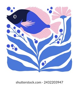 Underwater world, ocean, sea, fish and shells vertical flyer or poster template. Modern trendy Matisse minimal style.