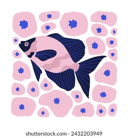 Underwater world, ocean, sea, fish and shells vertical flyer or poster template. Modern trendy Matisse minimal style.