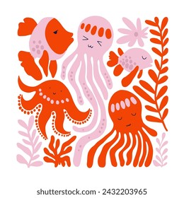 Underwater world, ocean, sea, fish and shells vertical flyer or poster template. Modern trendy Matisse minimal style.