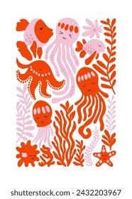 Underwater world, ocean, sea, fish and shells vertical flyer or poster template. Modern trendy Matisse minimal style.