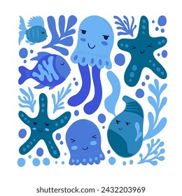 Underwater world, ocean, sea, fish and shells vertical flyer or poster template. Modern trendy Matisse minimal style.