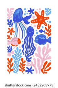 Underwater world, ocean, sea, fish and shells vertical flyer or poster template. Modern trendy Matisse minimal style.