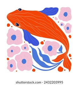 Underwater world, ocean, sea, fish and shells vertical flyer or poster template. Modern trendy Matisse minimal style.