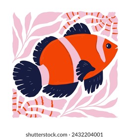 Underwater world, ocean, sea, fish and shells vertical flyer or poster template. Modern trendy Matisse minimal style.