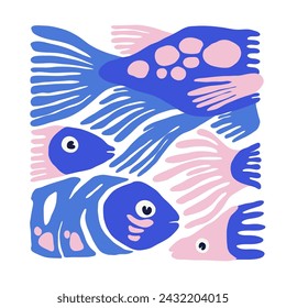 Mundo submarino, océano, mar, peces y conchas volante vertical o plantilla de póster. Moderno estilo minimalista Matisse de moda.