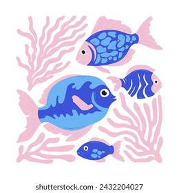 Underwater world, ocean, sea, fish and shells vertical flyer or poster template. Modern trendy Matisse minimal style.