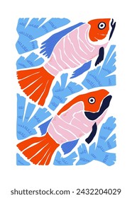 Underwater world, ocean, sea, fish and shells vertical flyer or poster template. Modern trendy Matisse minimal style.
