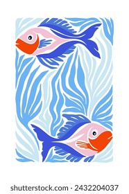 Underwater world, ocean, sea, fish and shells vertical flyer or poster template. Modern trendy Matisse minimal style.
