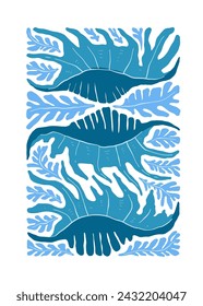 Underwater world, ocean, sea, fish and shells vertical flyer or poster template. Modern trendy Matisse minimal style.